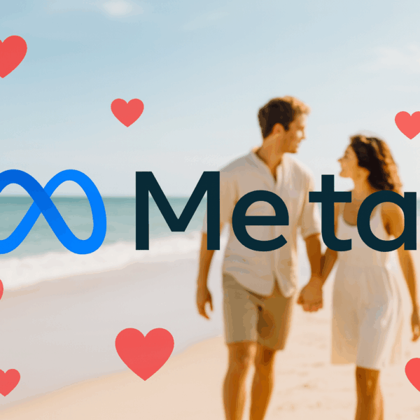 Meta logo surrounded by red hearts, overlaid on a photo of a couple holding hands on a sunny beach.