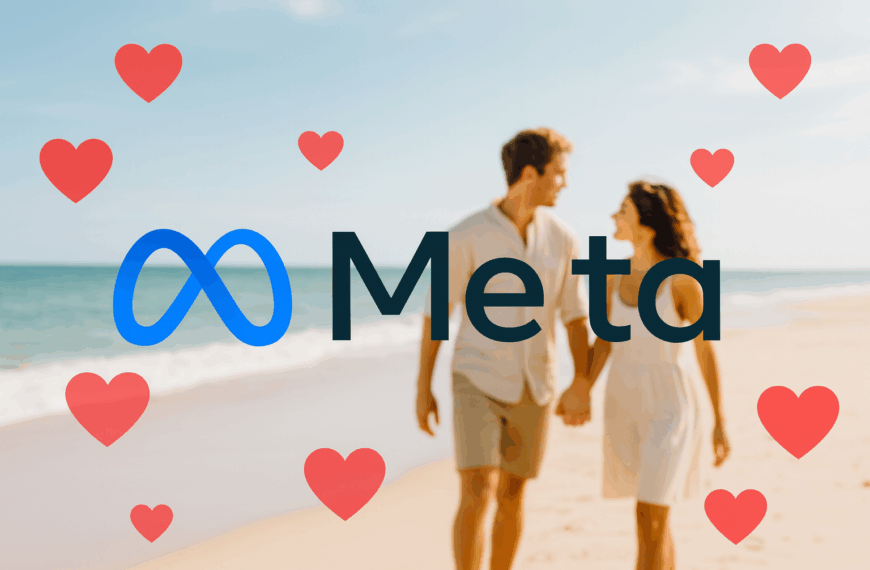 Meta logo surrounded by red hearts, overlaid on a photo of a couple holding hands on a sunny beach.