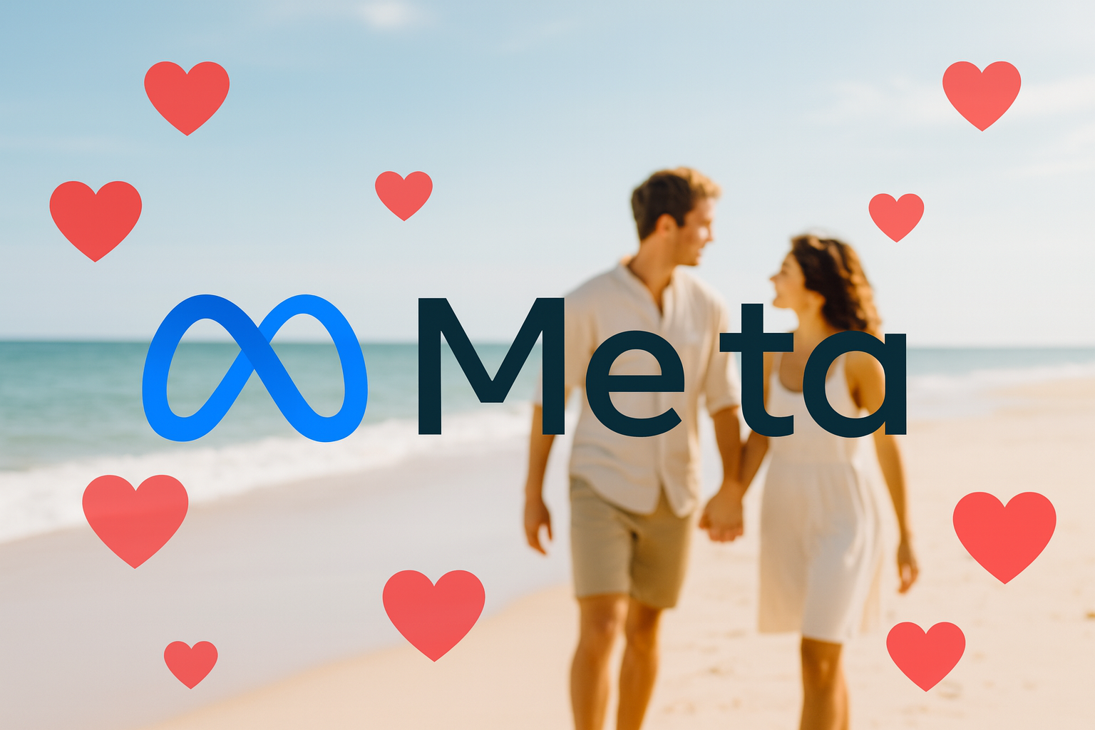 Meta logo surrounded by red hearts, overlaid on a photo of a couple holding hands on a sunny beach.