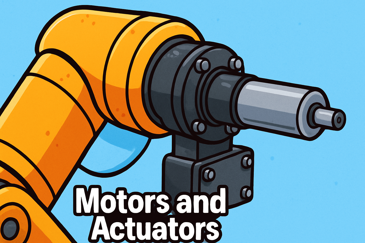 A cartoon-style illustration of a yellow robotic arm with a gray actuator at its joint. The arm is drawn with bold black outlines against a bright blue background. At the bottom, the white text “Motors and Actuators” is written in a playful, bold font.