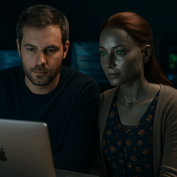 Image of an AI sat with a developer helping them work on a problem.