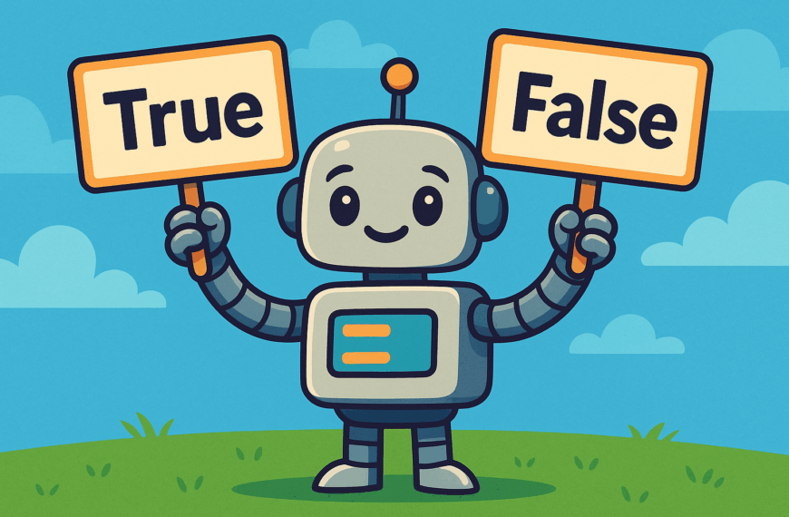 A colourful cartoon-style landscape illustration shows a smiling robot holding up two placards: one clearly labelled True and the other False. The background is bright and cheerful, symbolising the concept of Boolean values in Python programming.