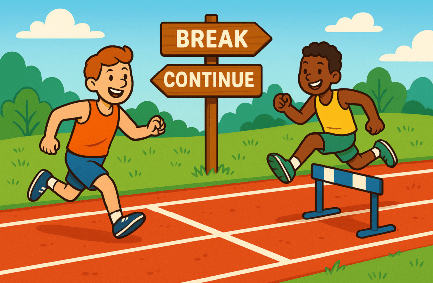 A colourful cartoon-style landscape illustration shows two runners on a track. One runner stops early at a finish line with a sign labelled “break”, while another leaps over hurdles marked “continue”, symbolising Python loop controls. The background is bright and playful, making programming concepts easy to visualise.