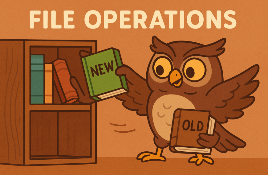 A cartoon owl stands in front of a bookshelf, holding an old book while placing a new one on the shelf. Above, bold text reads “File Operations.”