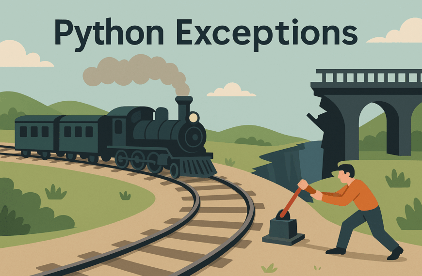 Flat illustration of a train diverted from a broken bridge by someone pulling a lever, symbolising Python Exceptions safety handling.