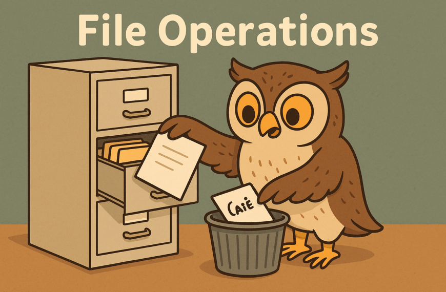 A cartoon owl takes a document from a filing cabinet and drops it into a bin. Above, bold text reads “File Operations.”