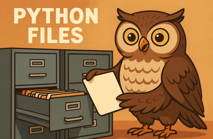 A cartoon owl with wide eyes stands in front of grey filing cabinets. One drawer is open, filled with folders, and the owl is holding a single document. The background is a warm orange tone, and the words “PYTHON FILES” appear in large bold text above the cabinets.