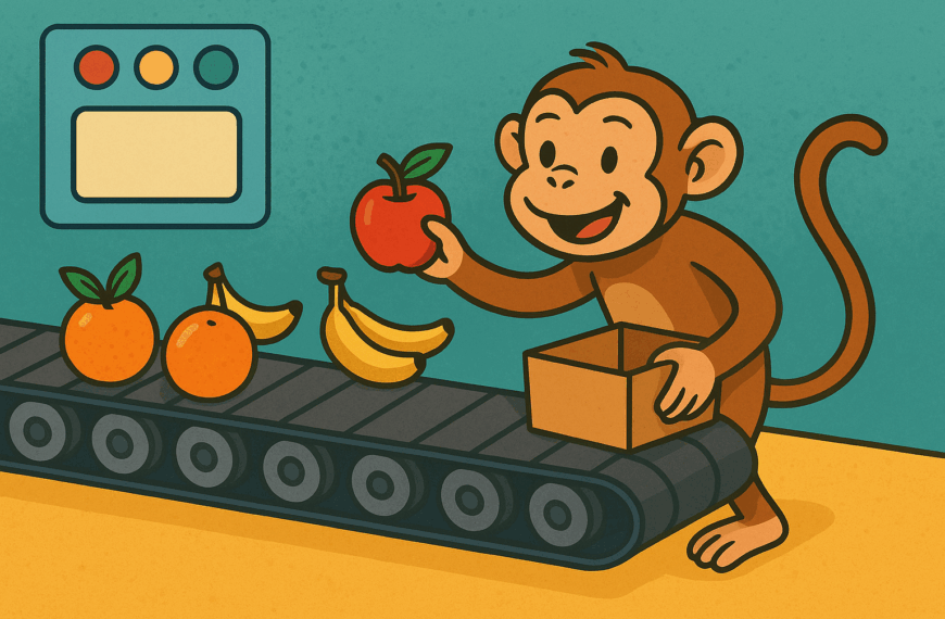 A colourful cartoon-style landscape illustration shows a cheerful monkey standing by a moving conveyor belt, happily taking pieces of fruit off as they pass. The background is bright and playful, symbolising repetition and order, like a Python for loop.