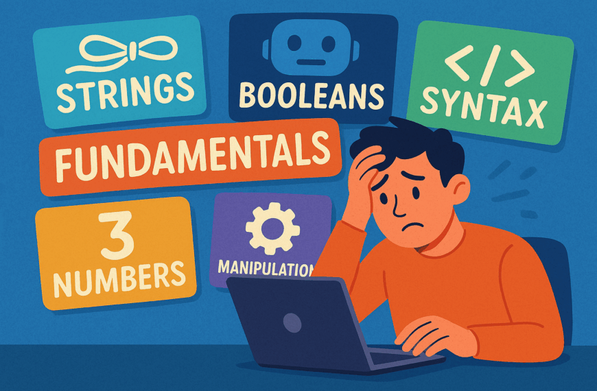 A colourful cartoon-style landscape illustration shows a person sitting at a computer terminal, looking overwhelmed by the amount of information on the screen. Papers and symbols float around them, representing different programming concepts. The word “Fundamentals” is clearly written above the scene, highlighting the focus on beginner Python basics.