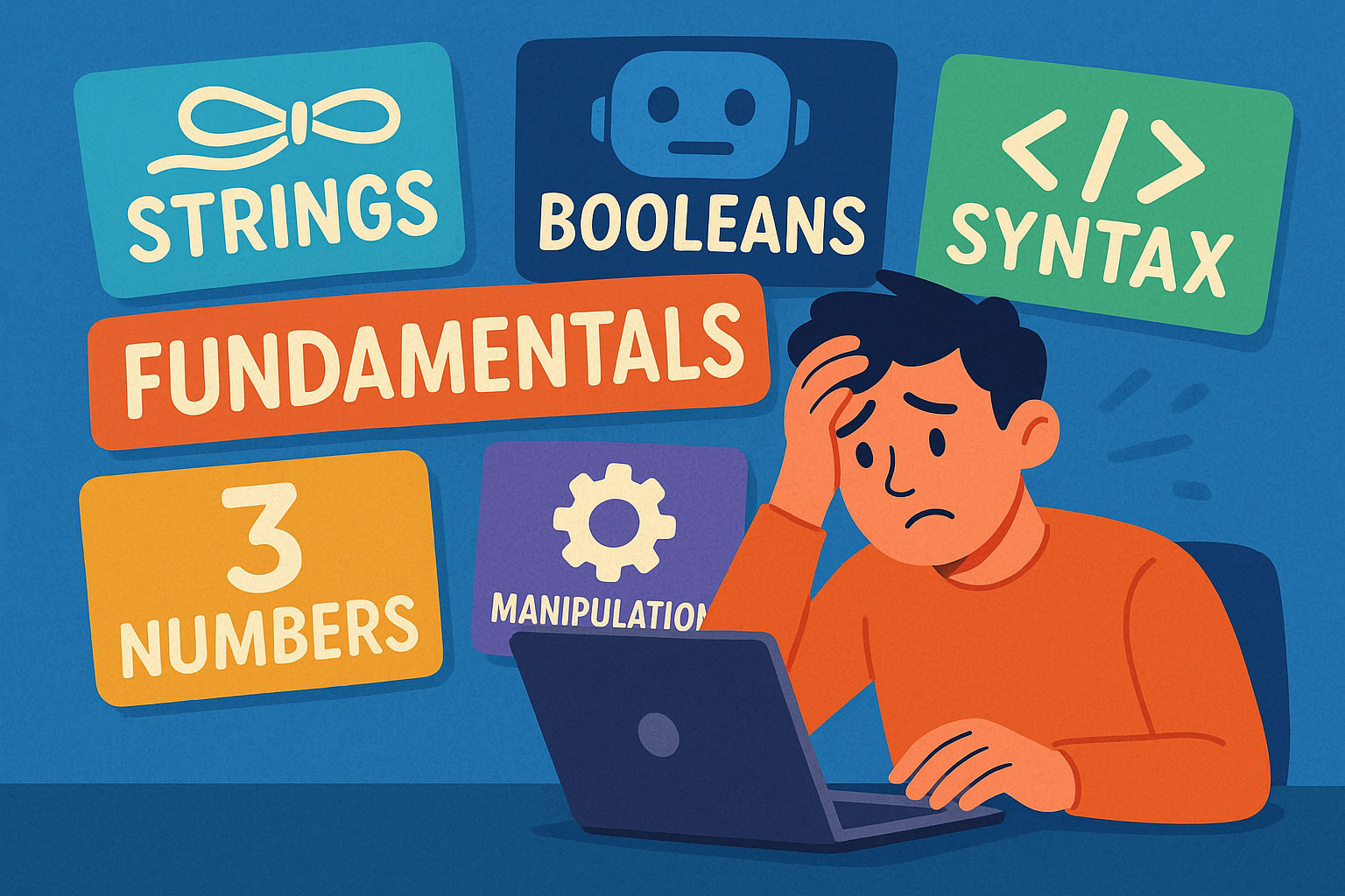 A colourful cartoon-style landscape illustration shows a person sitting at a computer terminal, looking overwhelmed by the amount of information on the screen. Papers and symbols float around them, representing different programming concepts. The word “Fundamentals” is clearly written above the scene, highlighting the focus on beginner Python basics.