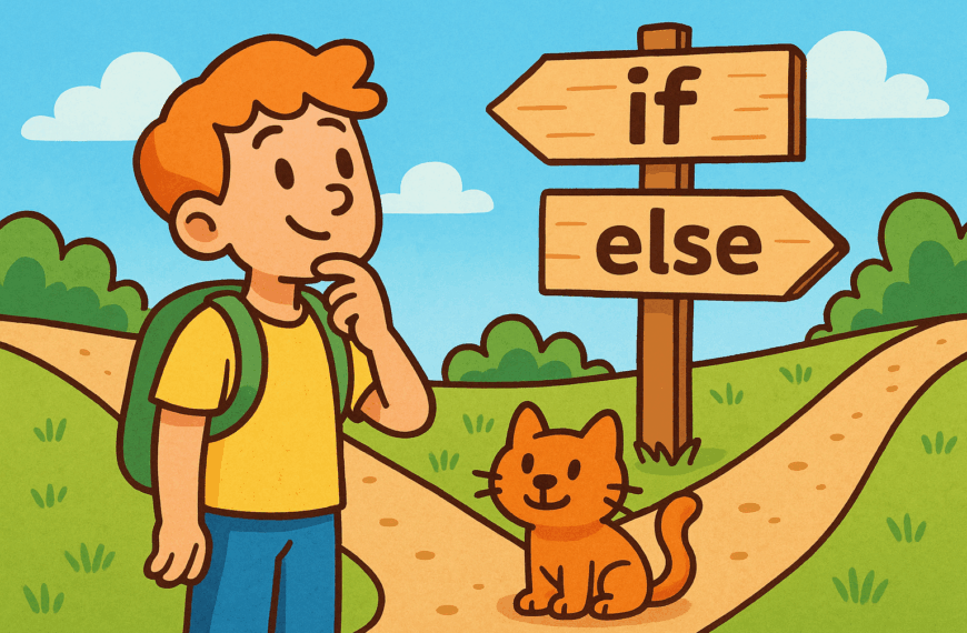 A colourful cartoon-style landscape illustration shows a cheerful character standing at a wooden signpost. The path splits into two clear directions, with one arrow marked if and the other marked else, symbolising decision-making in Python programming.
