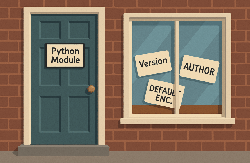 A blue front door with a sign reading Python Module, beside a window showing cards labelled Version, Author, and Default Encoding.