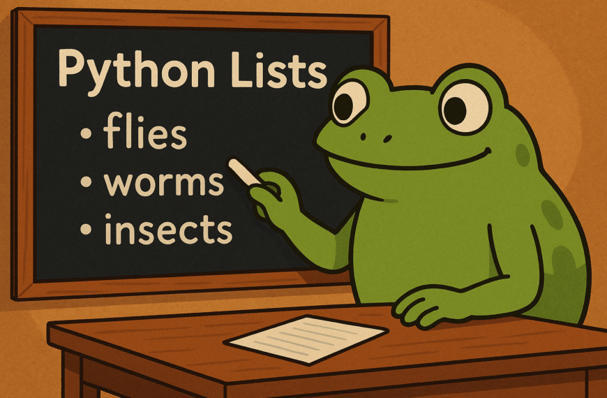 A cartoon frog smiles while writing “Python Lists” with items flies, worms, insects on a chalkboard in a classroom setting.