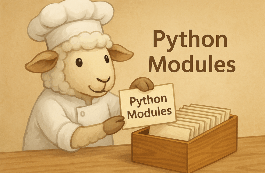 A sheep dressed as a chef happily pulls a recipe card labelled Python Modules from a wooden box of recipes on a table.