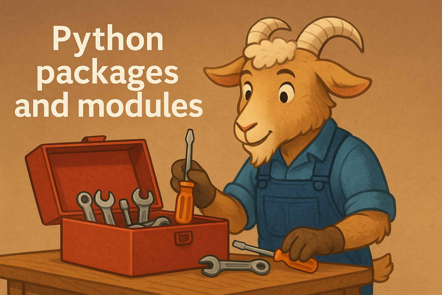 A friendly goat mechanic in denim overalls takes a screwdriver from a red toolbox filled with tools, with text "Python packages and modules".