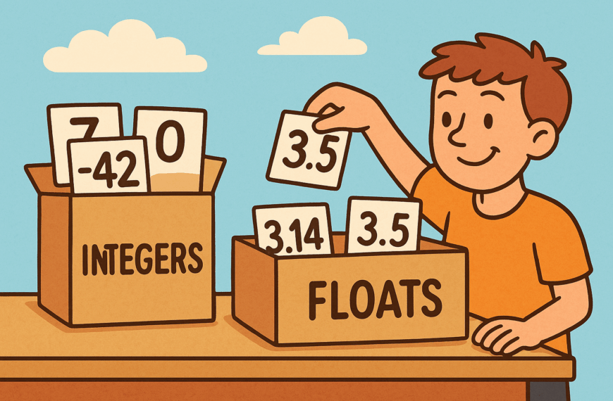 ChatGPT said: A colourful cartoon-style landscape illustration shows two large labelled containers: one marked Integers filled with whole numbers like 7, 0, and -3, and another marked Floats filled with decimal numbers like 3.14, -0.5, and 2.0. A cheerful character is sorting the numbers into the correct containers, visually explaining the difference between integers and floating-point numbers in Python.