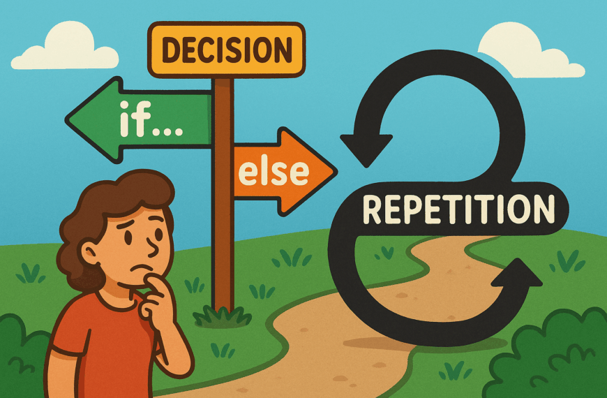 A colourful cartoon-style landscape illustration shows a playful flowchart. On one side, a path forks into two labelled branches representing an if…else decision, while nearby a looping curved arrow shows repetition for a loop. The scene is bright and engaging, making programming concepts feel approachable and fun.