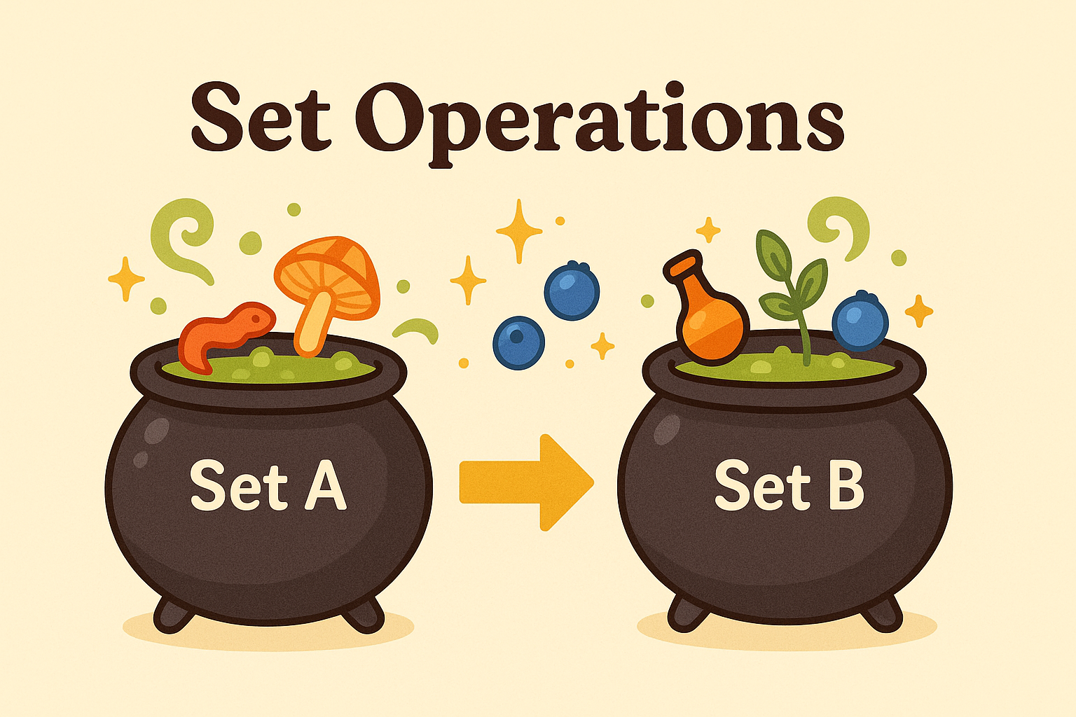 Cartoon-style image of two cauldrons labeled Set A and Set B, with magical potion ingredients and sparkles, titled “Set Operations.”
