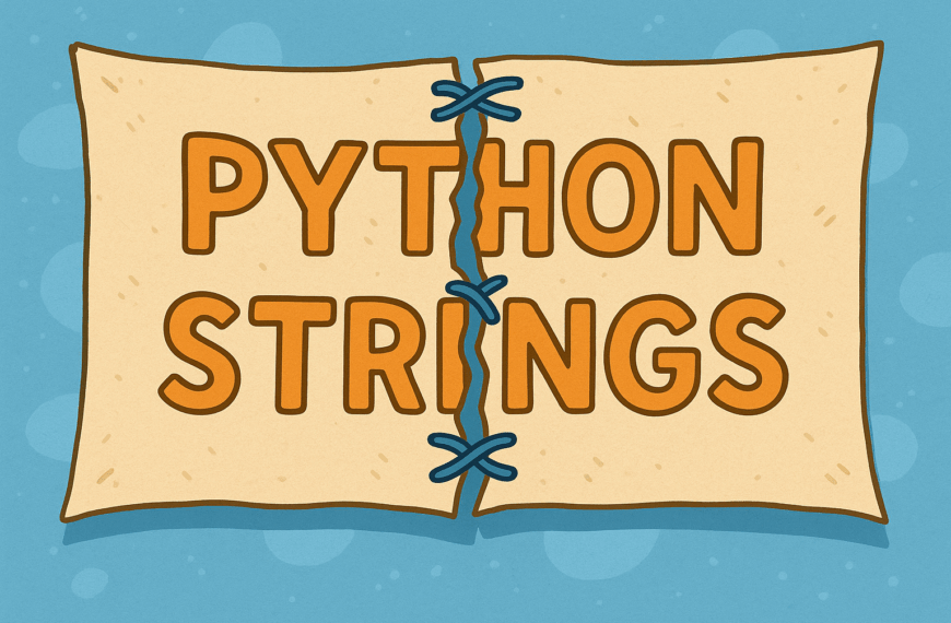 A digital landscape illustration shows a beige fabric banner with the words “Python Strings” written across it. The material is ripped down the centre, with large visible stitches crudely sewing the two halves back together, symbolising fixing or escaping characters in strings. The background is simple and muted, drawing attention to the torn fabric.