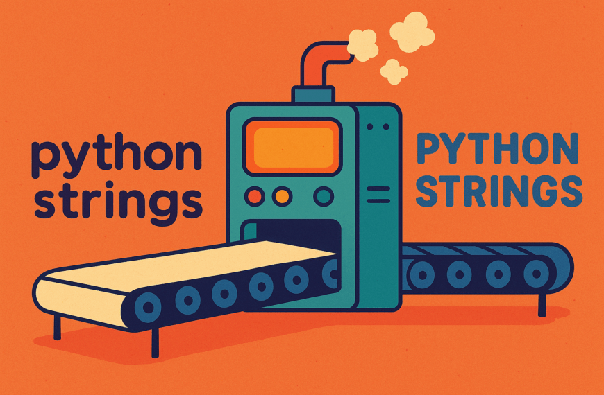A colourful cartoon-style landscape illustration shows the words “python strings” in lowercase being fed into a large whimsical machine. On the other side, the text emerges transformed into “PYTHON STRINGS” in uppercase letters, symbolising string methods like .upper(). The machine has gears and pipes, giving a fun and playful feel.