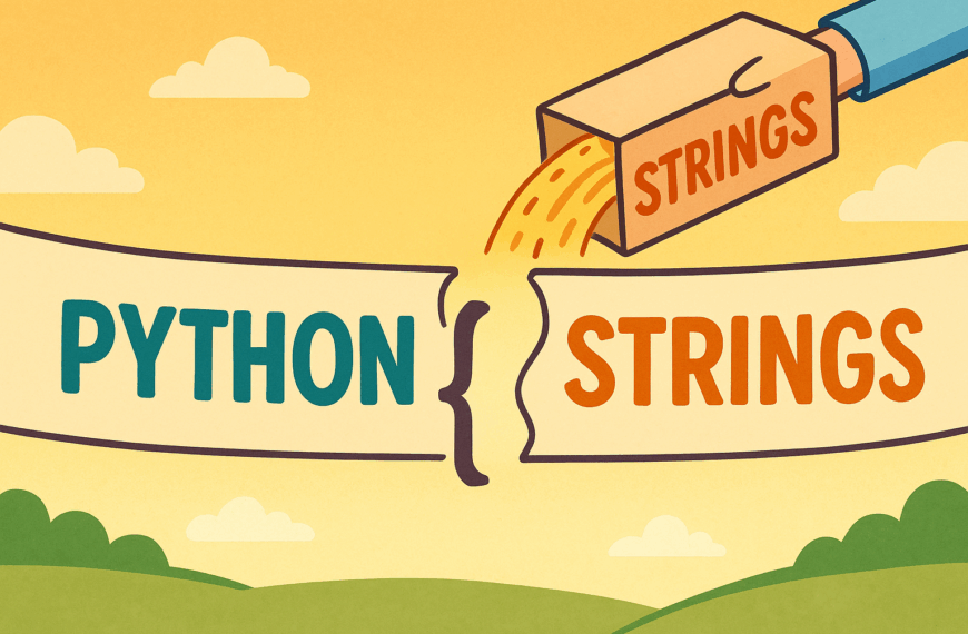 A colourful cartoon-style landscape illustration shows the text “python ” written across the scene. Above the gap, a labelled box with the word “strings” is tilted, pouring its contents into the space, visually representing a variable being used to fill in a placeholder.