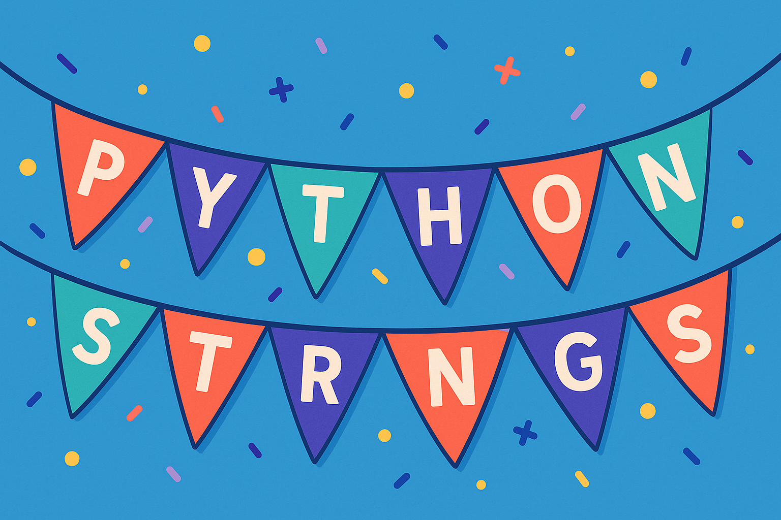 A colourful cartoon-style landscape illustration shows festive bunting strung across the top, with triangular flags spelling out “Python Strings” in bright, playful letters. The background is light and cheerful, giving a fun and welcoming atmosphere.