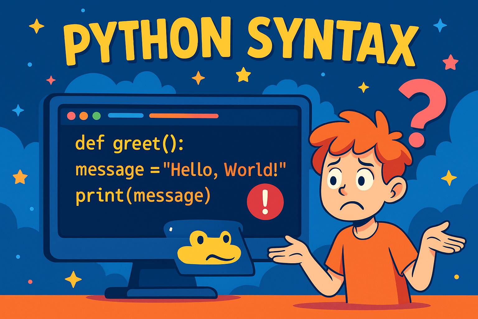 A colourful cartoon-style illustration shows a confused student with orange hair shrugging in front of a computer screen. The screen displays a Python function with a missing indentation error: