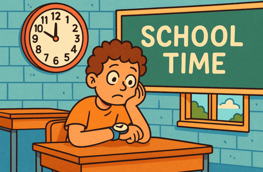 ChatGPT said: A colourful cartoon-style landscape illustration shows a student sitting at a school desk, glancing at their watch with a sigh. The classroom clock on the wall shows school hours, and the student looks impatient, waiting to go home but unable to leave while class is still in session.