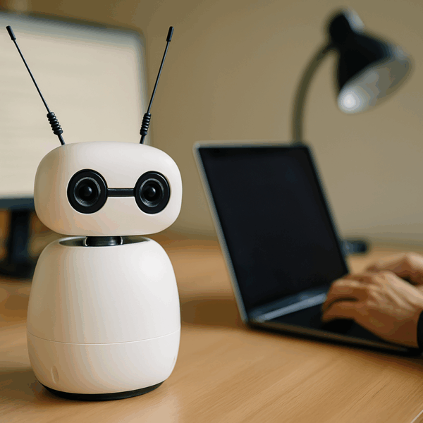 A small, white humanoid-style robot with rounded features and antennae sits on a wooden desk beside a person typing on a laptop, with a desk lamp and blurred monitor in the background.