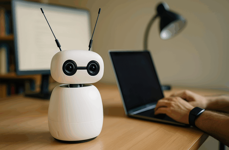 A small, white humanoid-style robot with rounded features and antennae sits on a wooden desk beside a person typing on a laptop, with a desk lamp and blurred monitor in the background.