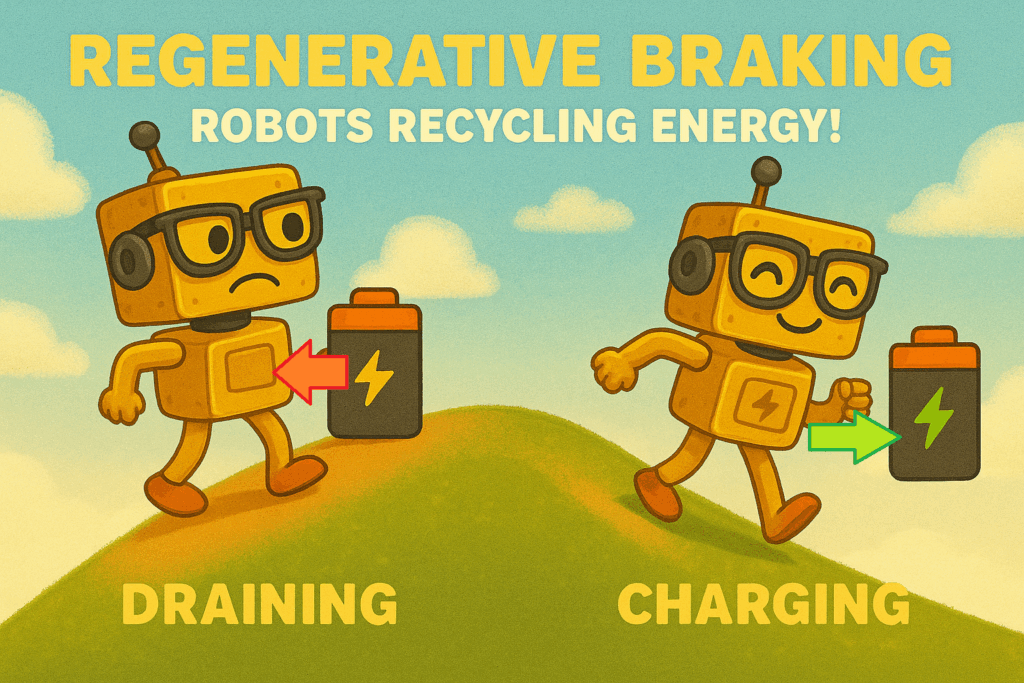 Educational cartoon illustration of regenerative braking. On the left, a sad orange robot with glasses climbs uphill next to a battery labeled ‘Draining.’ On the right, the same robot, now smiling, walks downhill next to a glowing battery labeled ‘Charging.’ Title above reads ‘Regenerative Braking: Robots Recycling Energy!’ with a grassy hill and blue sky in the background.