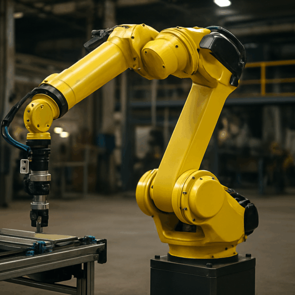A yellow six-axis robotic arm operates in an industrial workshop, mounted on a base, working over a metal conveyor system.