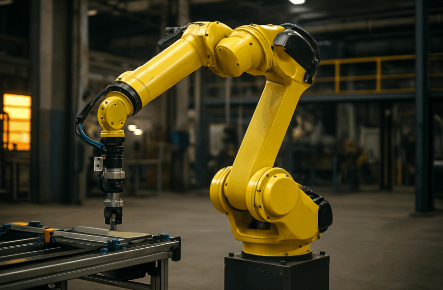 A yellow six-axis robotic arm operates in an industrial workshop, mounted on a base, working over a metal conveyor system.