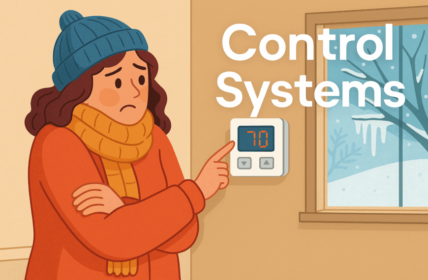 A cartoon-style illustration of a cold person adjusting a thermostat on the wall, with a frosty window showing ice outside.