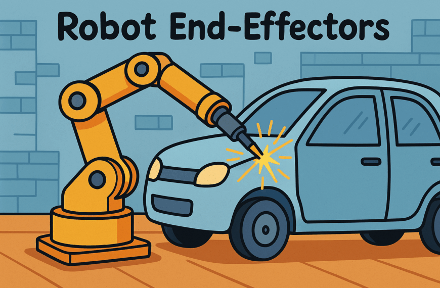 Cartoon illustration of a robotic arm welding the side of a blue car body in a factory, titled “Robot End-Effectors”.