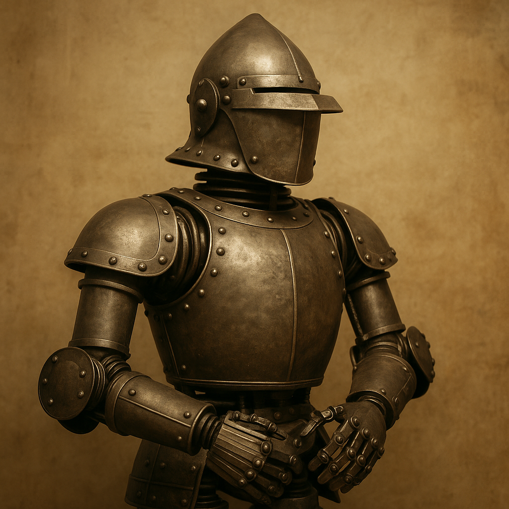 A photo-realistic depiction of Leonardo da Vinci’s mechanical knight, shown as a life-size armored figure. The knight is made of weathered metal with rivets, hinges, and articulated joints. It has a conical helmet with a visor and detailed armor plates on the shoulders and arms, standing against a warm, textured background.