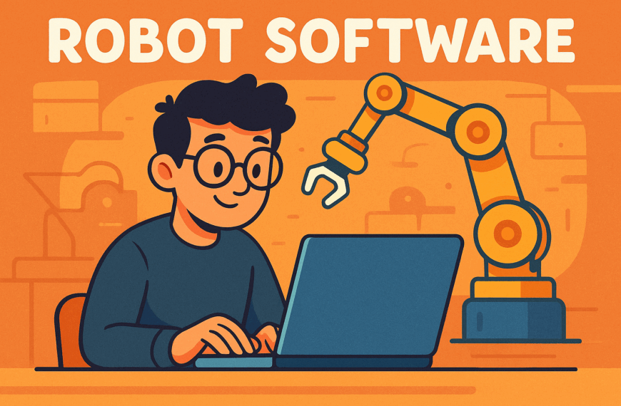 Cartoon illustration of a person with glasses coding on a laptop, while a robotic arm moves in the background under the title “Robot Software.”