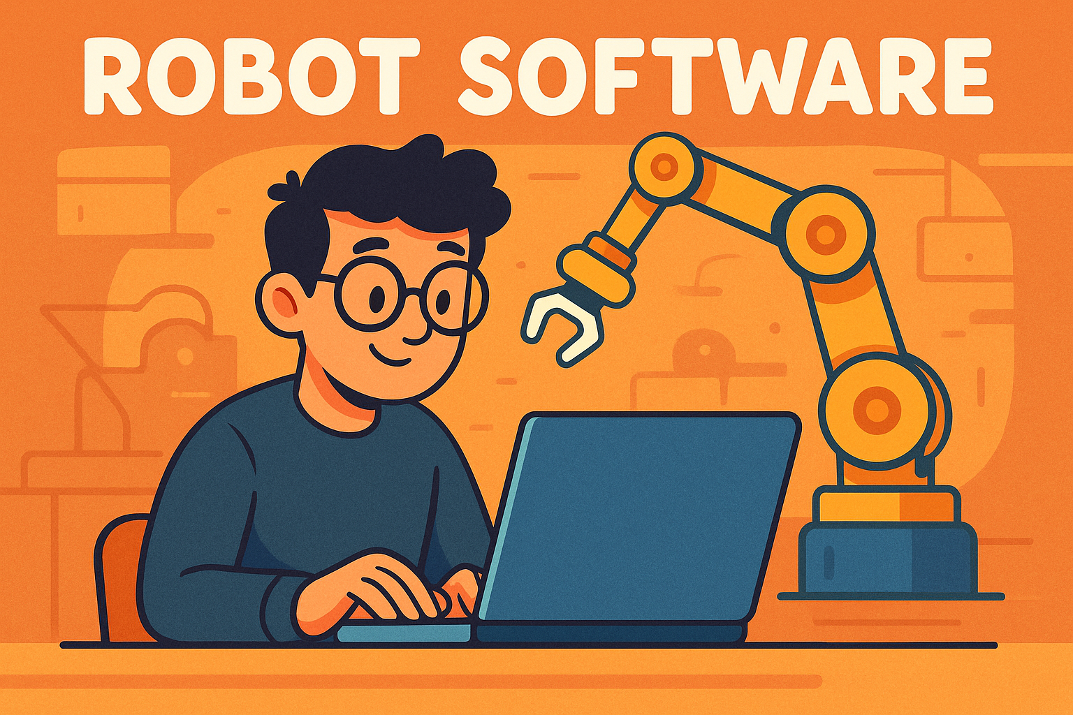 Cartoon illustration of a person with glasses coding on a laptop, while a robotic arm moves in the background under the title “Robot Software.”
