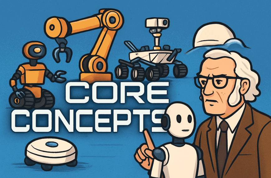 Cartoon-style illustration of Isaac Asimov pointing at a humanoid robot while holding a remote control. Around them are various types of robots, including an orange industrial arm, a Mars rover, a wheeled service robot, and a round robotic vacuum. The background is blue, and large futuristic white text in the centre reads “Core Concepts.”