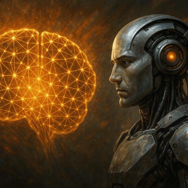 A photorealistic humanoid robot with metallic features gazes intently at a glowing digital brain made of golden neural connections. The brain radiates warm light, illuminating the robot’s face and mechanical armor against a dark, moody background.