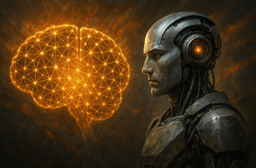 A photorealistic humanoid robot with metallic features gazes intently at a glowing digital brain made of golden neural connections. The brain radiates warm light, illuminating the robot’s face and mechanical armor against a dark, moody background.