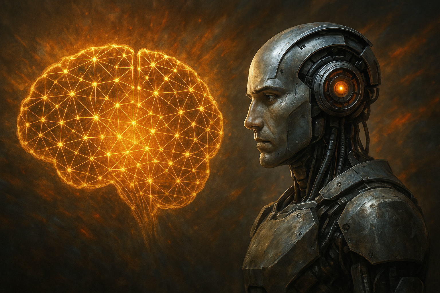 A photorealistic humanoid robot with metallic features gazes intently at a glowing digital brain made of golden neural connections. The brain radiates warm light, illuminating the robot’s face and mechanical armor against a dark, moody background.