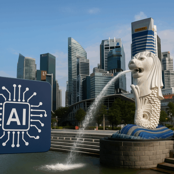 The Merlion statue in Singapore spouting water into Marina Bay, with the city’s modern skyline in the background. To the left, a large digital-style AI icon with circuit patterns represents artificial intelligence, symbolising Singapore’s focus on AI in governance.