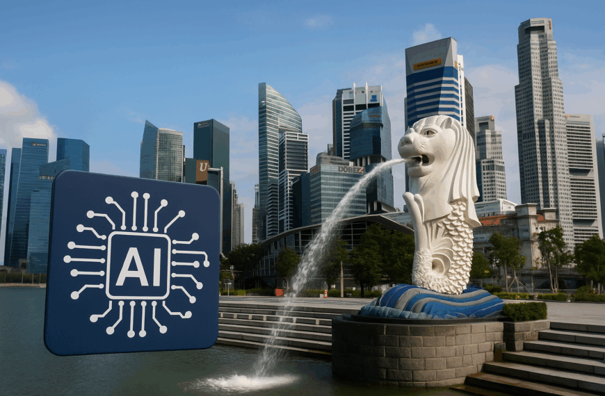 The Merlion statue in Singapore spouting water into Marina Bay, with the city’s modern skyline in the background. To the left, a large digital-style AI icon with circuit patterns represents artificial intelligence, symbolising Singapore’s focus on AI in governance.