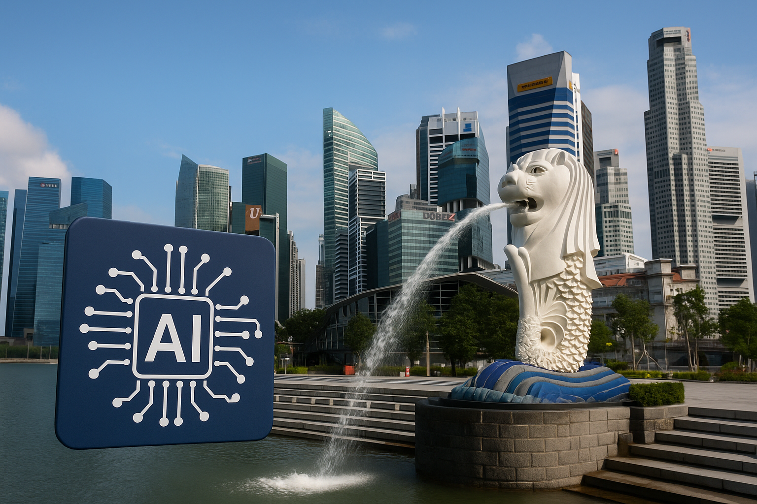The Merlion statue in Singapore spouting water into Marina Bay, with the city’s modern skyline in the background. To the left, a large digital-style AI icon with circuit patterns represents artificial intelligence, symbolising Singapore’s focus on AI in governance.