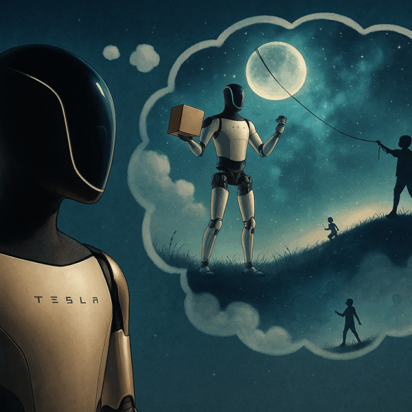 Tesla humanoid robot dreaming of tasks, inside thought bubble showing it carrying a box and helping children tether the moon.