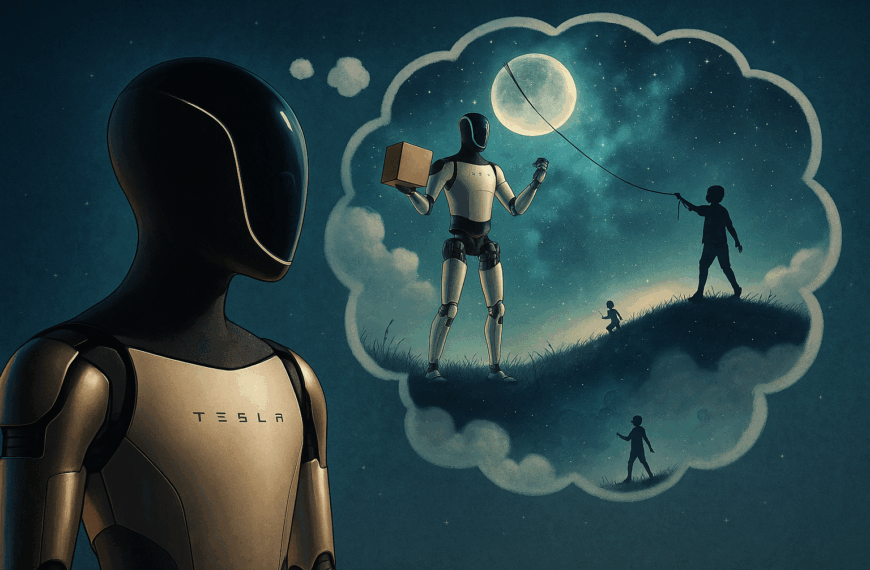 Tesla humanoid robot dreaming of tasks, inside thought bubble showing it carrying a box and helping children tether the moon.