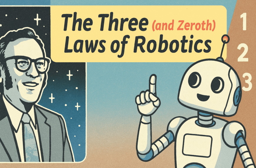 Illustrated banner showing Isaac Asimov on the left and a smiling cartoon robot on the right, with the title “The Three (and Zeroth) Laws of Robotics” in bold text.