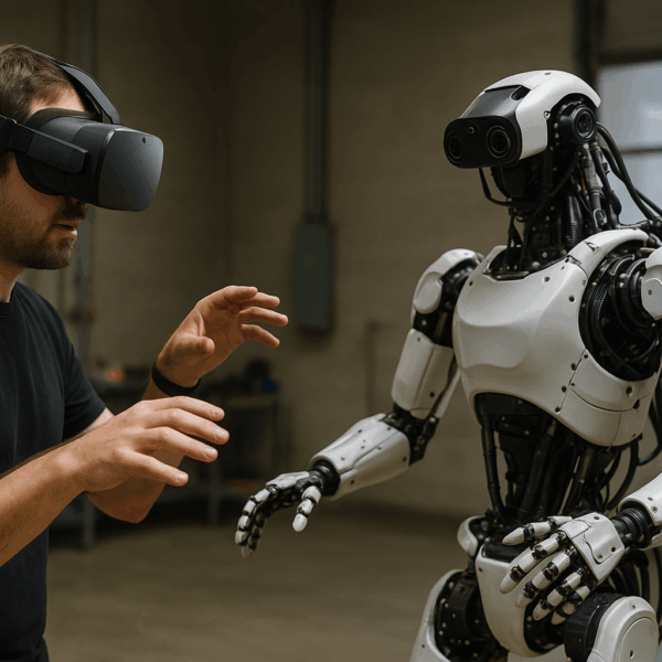 A man in a VR headset controls a humanoid robot in a workshop, both raising hands, demonstrating teleoperation training.