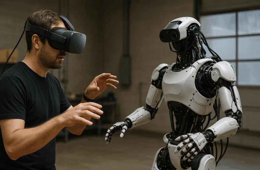 A man in a VR headset controls a humanoid robot in a workshop, both raising hands, demonstrating teleoperation training.